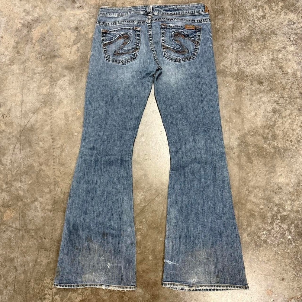 Y2K Silver Medium Wash Distressed Embellished Flared Jeans 32x32